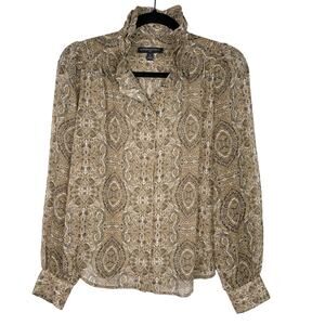 Banana Republic Women S OatMilk Brown Ruffle Neck Blouse Long Sleeve Sheer Print